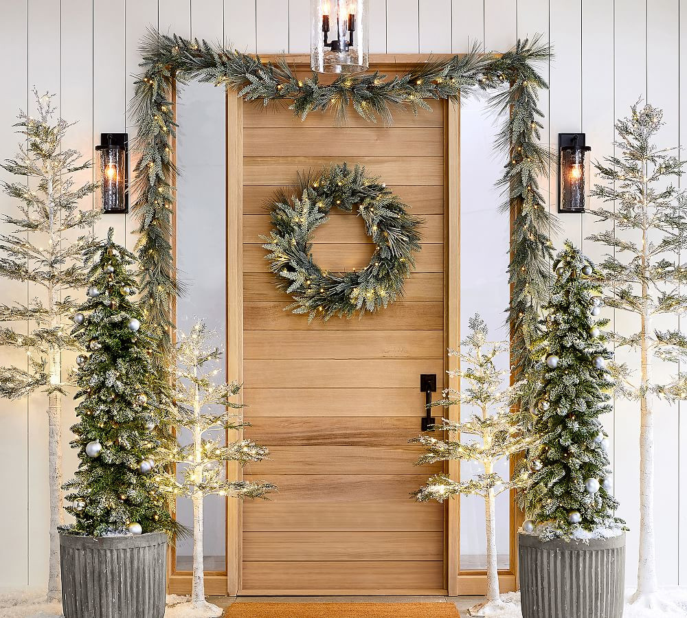 Lit Faux Flocked Pine Wreath & Garland | Pottery Barn (US)