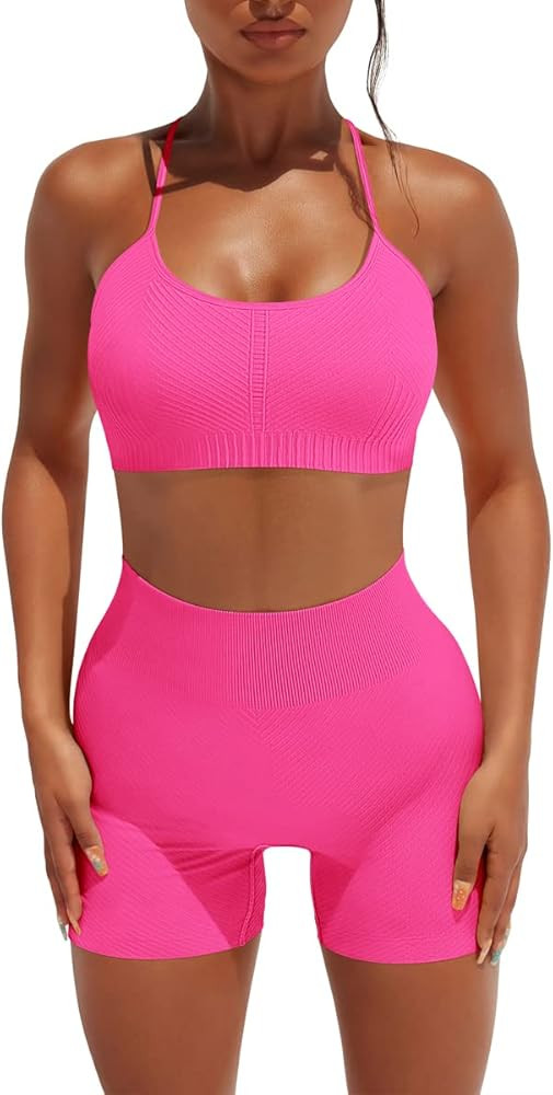 Workout Sets for Women 2 Piece Seamless Ribbed Sport Bra High Waist Shorts Exercise Outfits | Amazon (US)