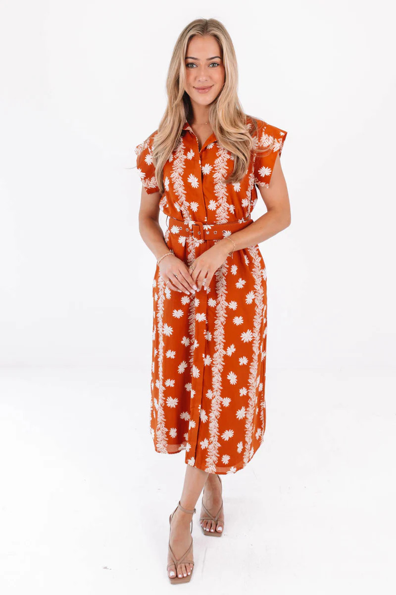 The Aubrey Belted Button Up Midi Dress - Burnt Orange | The Impeccable Pig