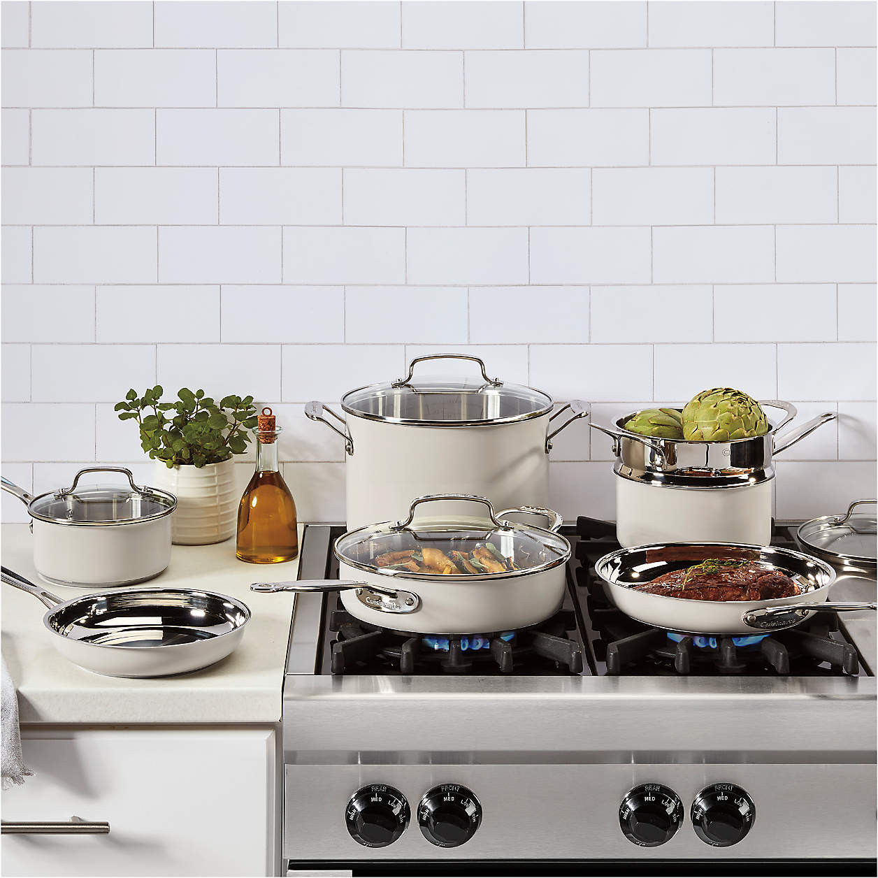 Cuisinart Chef's Classic Vanilla Creme 11-Piece Stainless Steel Cookware Set | Crate & Barrel | Crate & Barrel