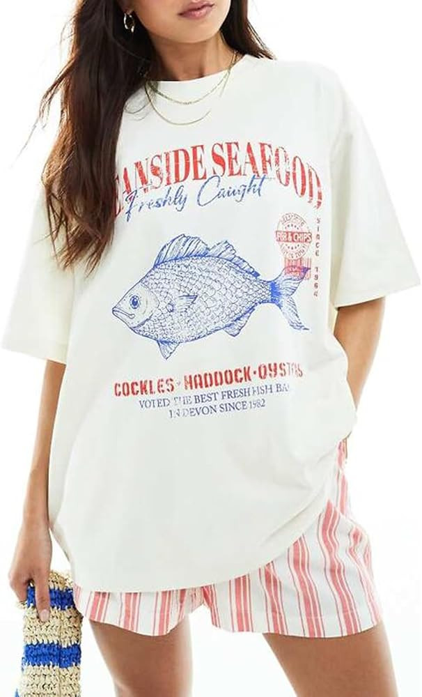 Women Cute Graphic Oversized Tees Fish Sardine Lobster Y2K Baggy T Shirts | Amazon (US)