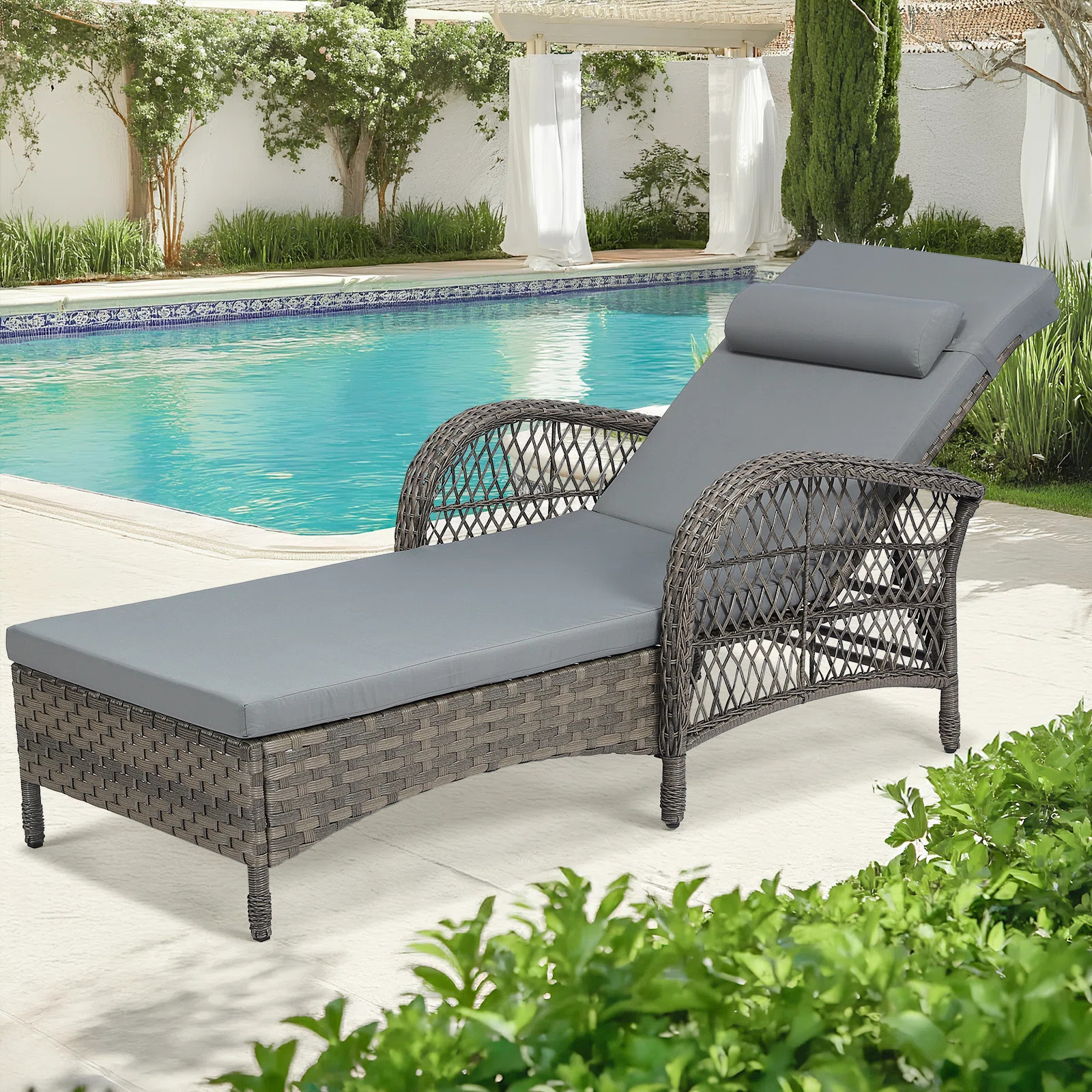 Outdoor Wicker Chaise Lounge Chair With Cushion, 76.98" Long All Weather Pe Rattan Patio Lounge C... | Wayfair North America