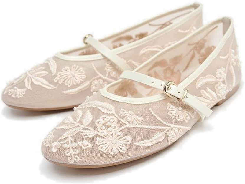 Mesh Ballet Flats for Women Embroidered Floral Mary Jane Flats Round Toe Slip On Ballerina Shoes ... | Amazon (US)