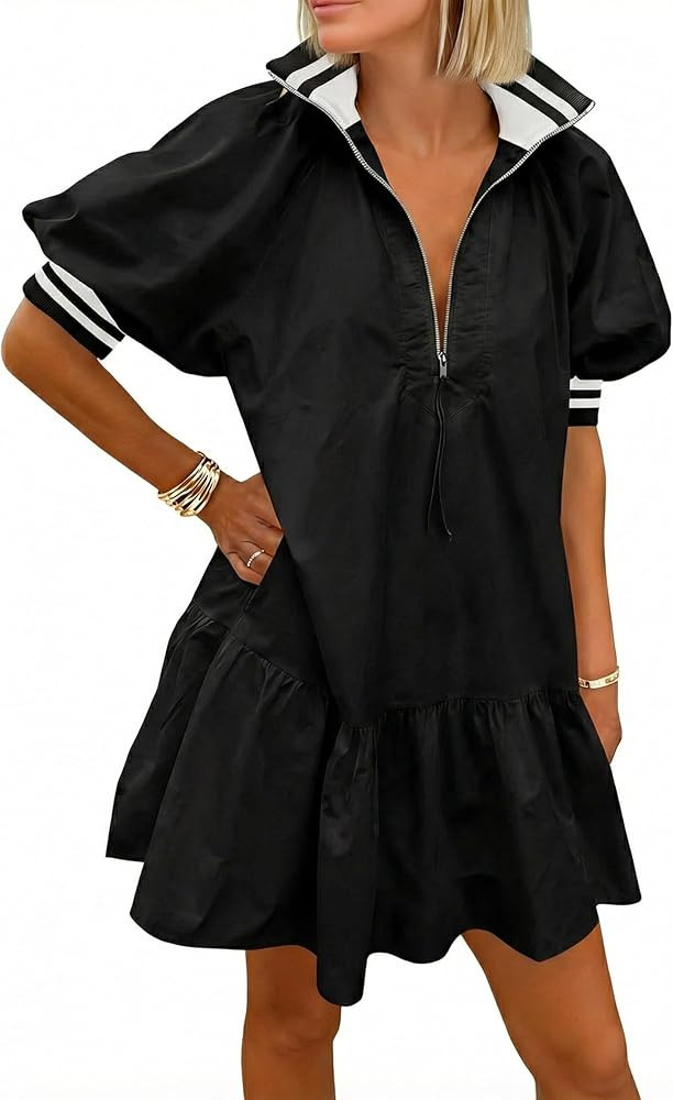 Wenrine Women Short Puff Sleeve Dress Half Zip V Neck Collar Summer Casual Color Block Sweatshirt... | Amazon (US)