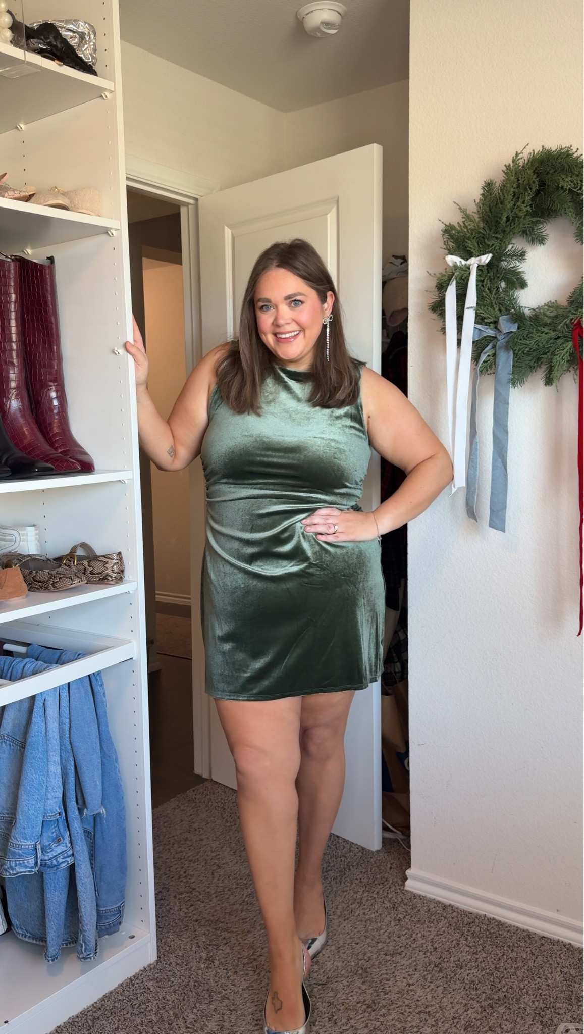 Affordable holiday outfit idea wearing xxl in velvet mini dress. Affordable accessories and wide fit kitten heels I love 

#LTKFindsUnder50 #LTKPlusSize #LTKHoliday