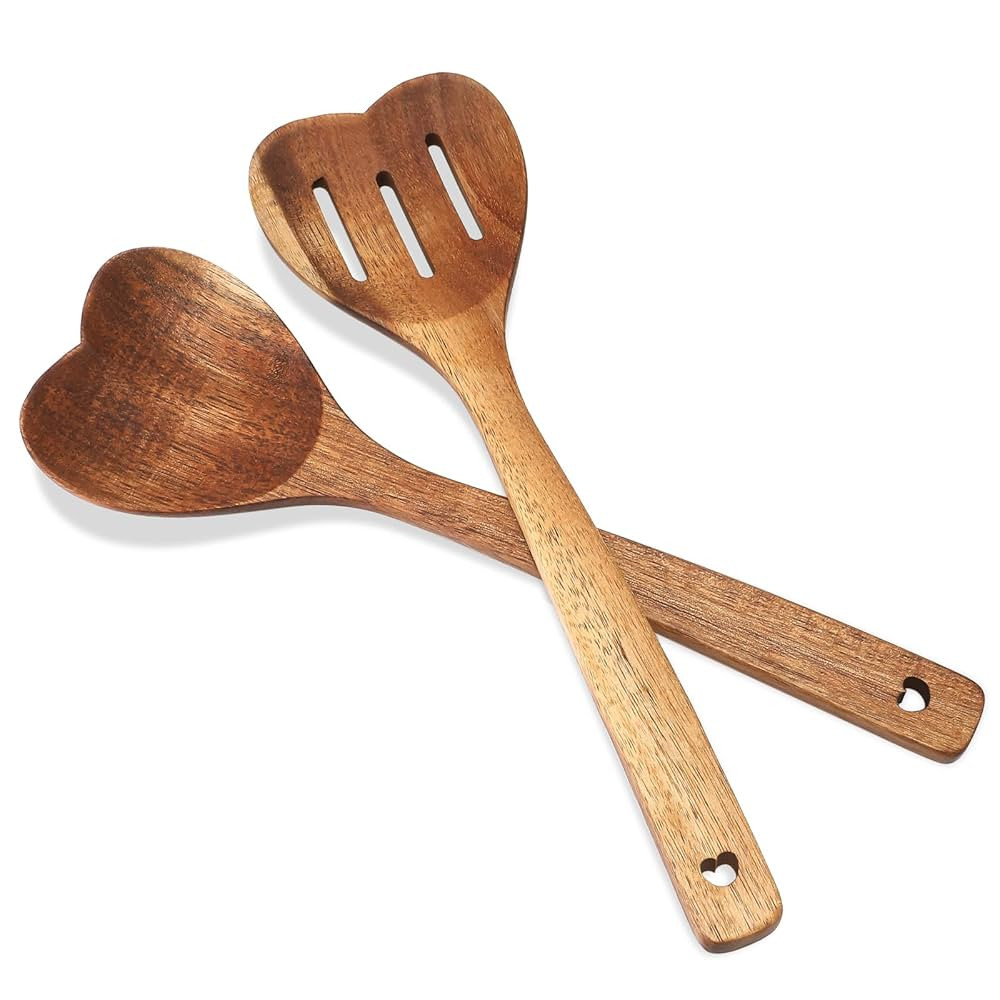 Patelai 2 Pcs Wooden Heart Spoon Set for Cooking Acacia Heart Shaped Wooden Spoonlong Handle Chri... | Amazon (US)