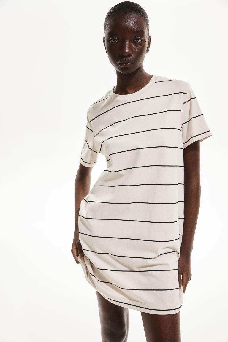 Cotton T-shirt Dress - Round Neck - Short sleeve - Light beige/striped - Ladies | H&M US | H&M (US + CA)