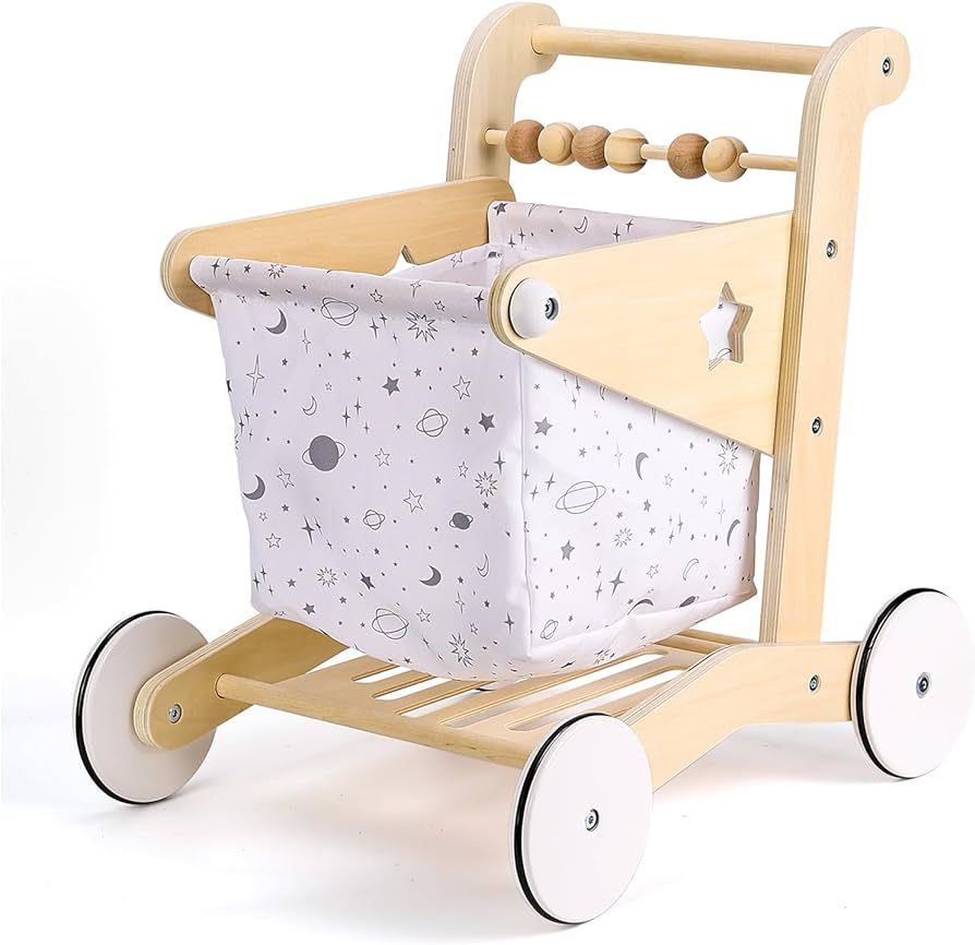 Wooden Baby Push Walker Doll Stroller, Adjustable Speed Shopping Cart Toddler Toys, Natural Wood ... | Amazon (US)
