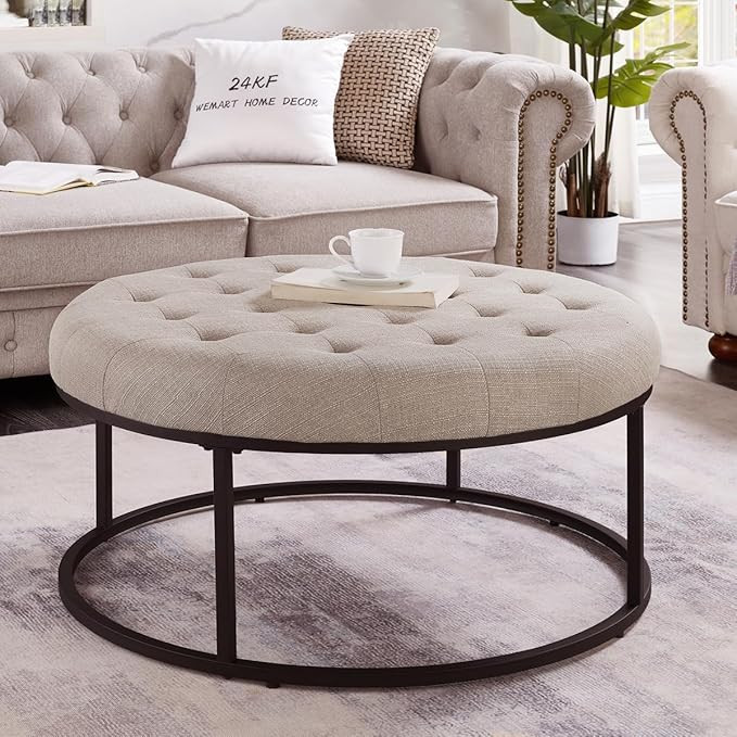24KF Middle Century Upholstered Tufted Coffee Table with Linen Padded Seat, Large Round Ottoman w... | Amazon (US)