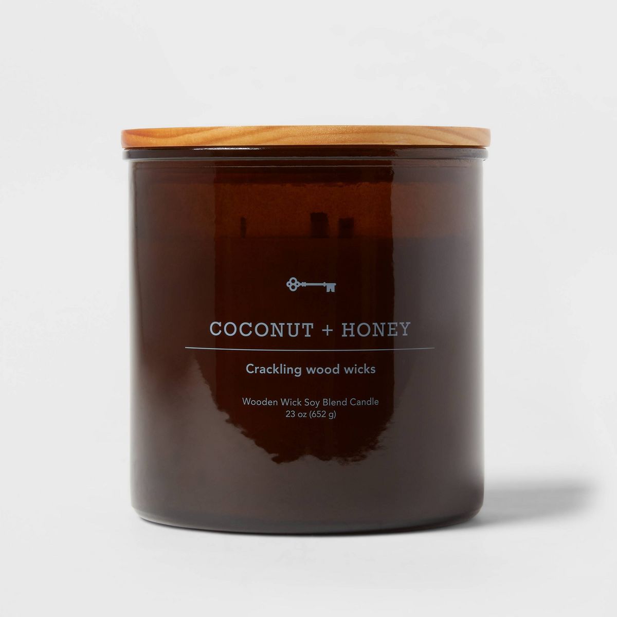 23oz XL 3-Wick Coconut + Honey Wooden Amber Glass with Wood Lid and Stamped Logo Amber - Threshol... | Target