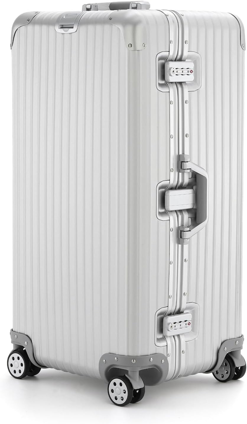 Riigid Silver Trunk Aluminium Suitcase Large, Hard Shell Check in Luggage with TSA Lock, 8 Spinner Wheels, Metal Travel Suitcase, Extra Large Aluminium Luggage 112L, Silver, 77 x 43 x 33cm | Amazon (UK)