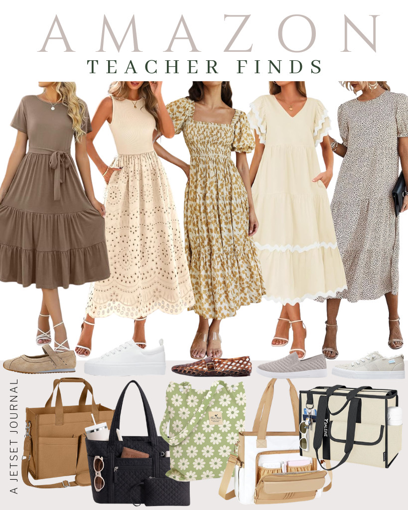 Curious about what teacher outfit ideas you can try this week? Here are some combinations and awesome finds you will love! Try pairing either of these two ZESICA dresses with Obtaom canvas sneakers or CUSHIONAIRE Mary Jane ballet flats. This PRETTYGARDEN short-sleeve midi dress paired with UBFEN ballet flats is cute, too! There are tote bags from BALEINE, Bagstellar, and more that are perfect for these fits! 

 #LTKSeasonal #LTKSaleAlert #LTKTravel