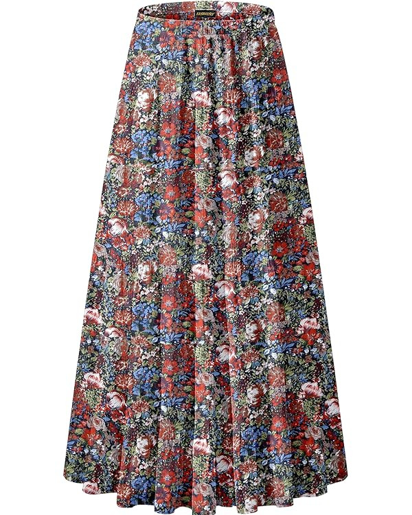 NASHALYLY Women's Chiffon Elastic High Waist Pleated A-Line Flared Maxi Skirts | Amazon (US)