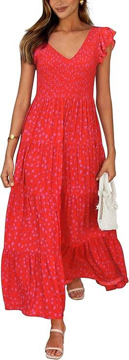 PRETTYGARDEN Women's Summer Flowy Maxi Dress Casual Cap Sleeve V Neck Smocked Beach Sundress | Amazon (US)