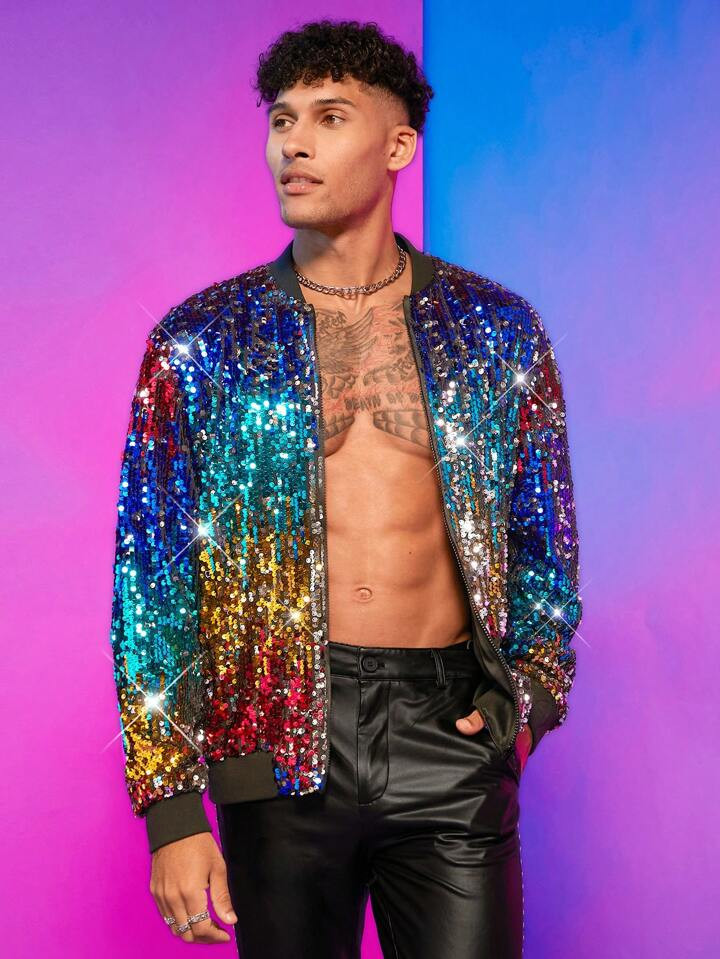 Manfinity Fever City Homens Zip Up Lantejoula Jaqueta Bomber | SHEIN