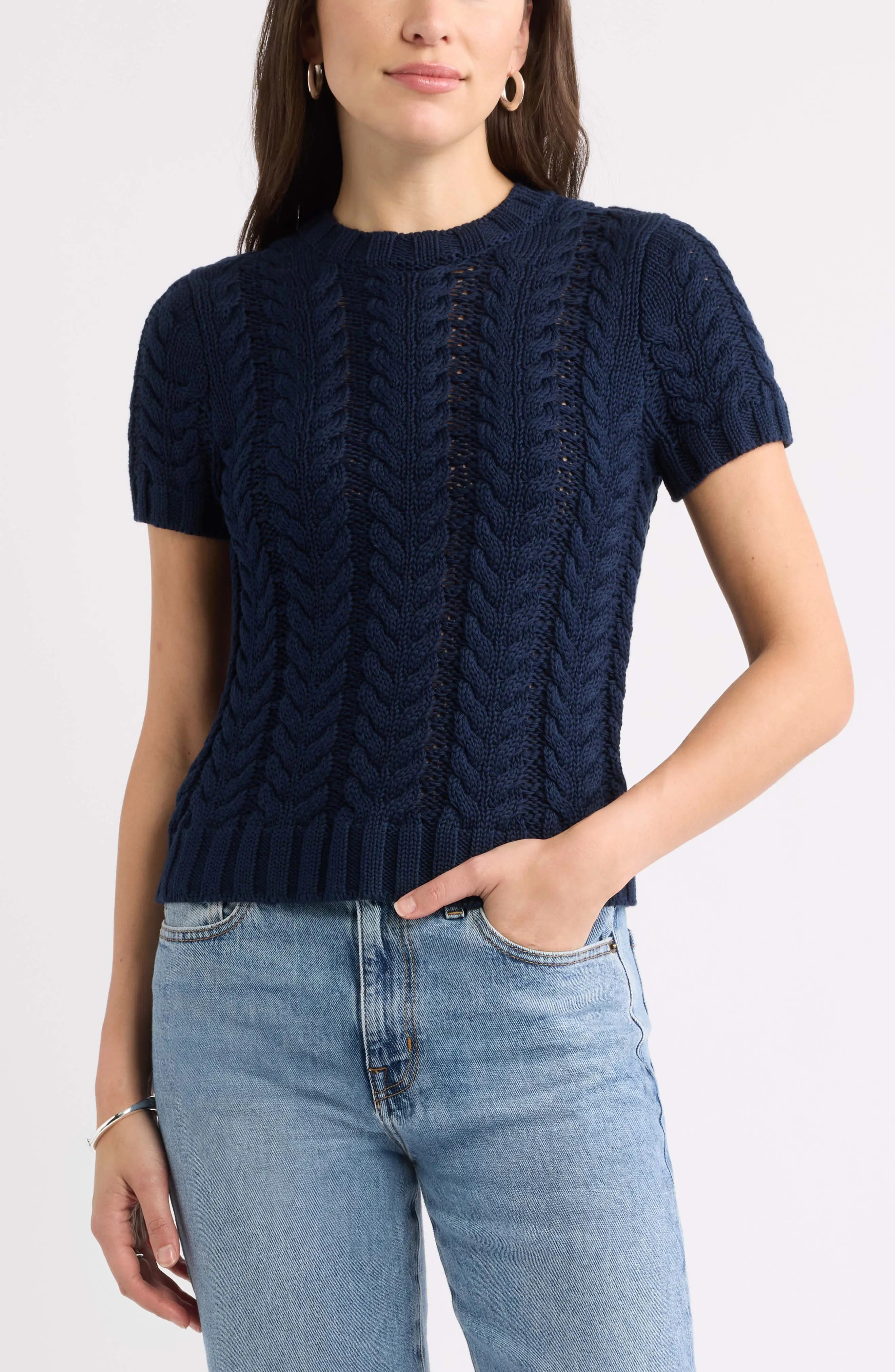 Caslon\u00ae Cable Stitch Short Sleeve Cotton Sweater (Women) | Nordstrom | Nordstrom