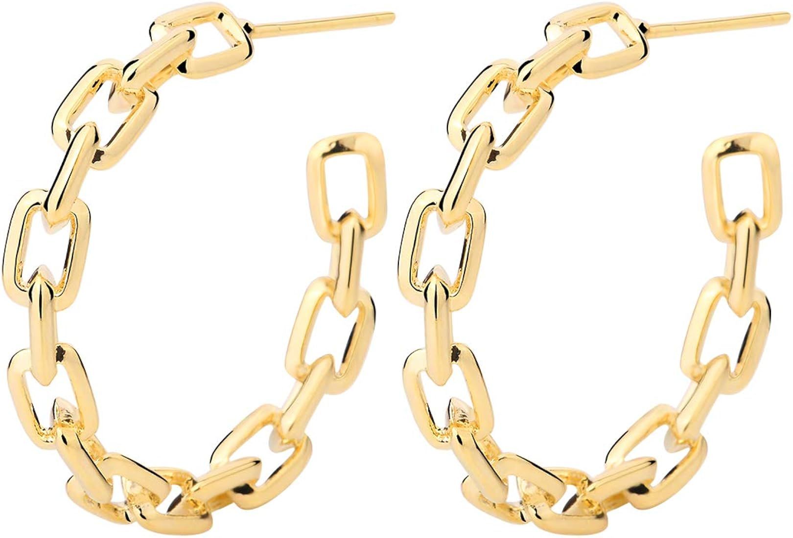 Hoop Earrings for Women - Link Hoop Earrings Gold/White Gold - Chain Hoop Earrings for Girls | Amazon (US)