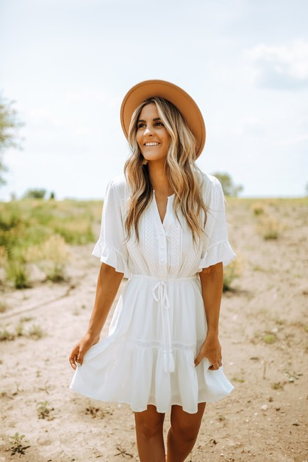Crochet Detail White Button Down Dotted Dress | Magnolia Boutique