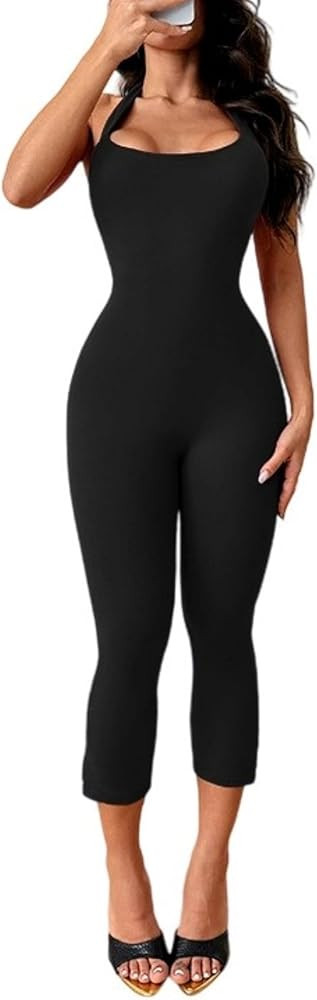ECHOINE Backless Halter Neck Jumpsuit For Women Bodycon Cropped Capri Romper | Amazon (US)