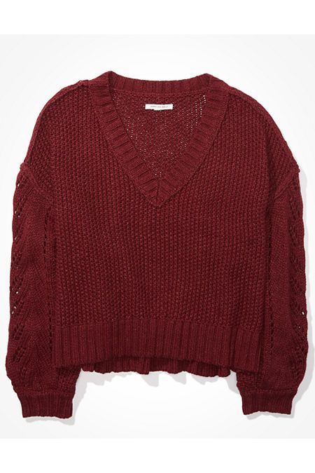 AE Cropped Pointelle V-Neck Sweater Women's Burgundy XXS | American Eagle Outfitters (US & CA)