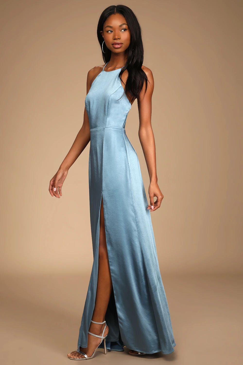 Make It Elegant Slate Blue Satin Strappy Maxi Dress | Lulus (US)