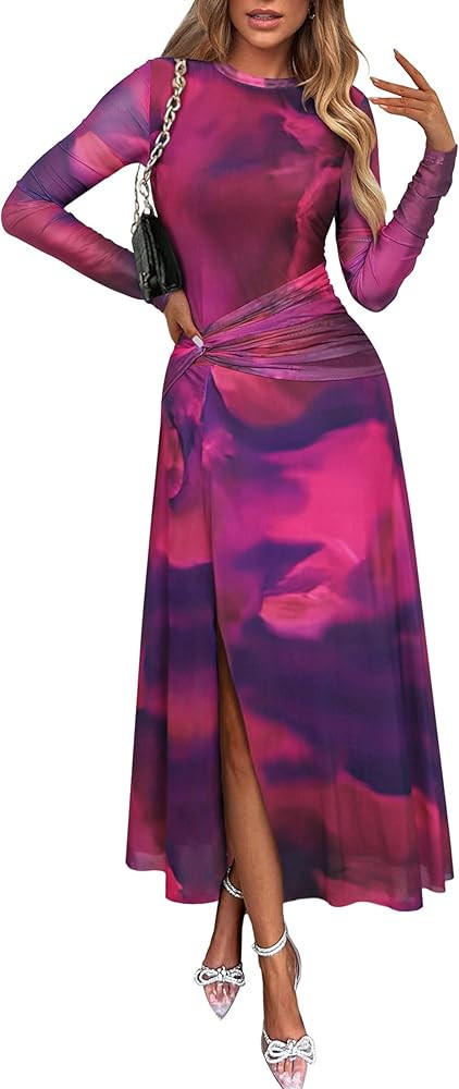 ECOWISH Long Sleeve Midi Formal Dress Women Fall Ruched Bodycon Party Cocktail Club Mesh Dresses ... | Amazon (US)