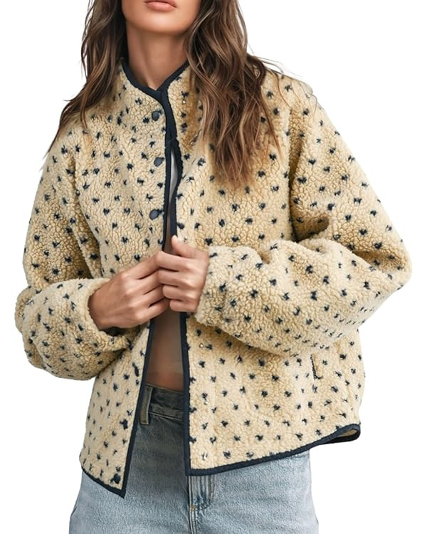 Women's Fleece Jacket Button Down Lapel Collar Sherpa Jackets Long Sleeve Contrast Quilted Outerw... | Amazon (US)