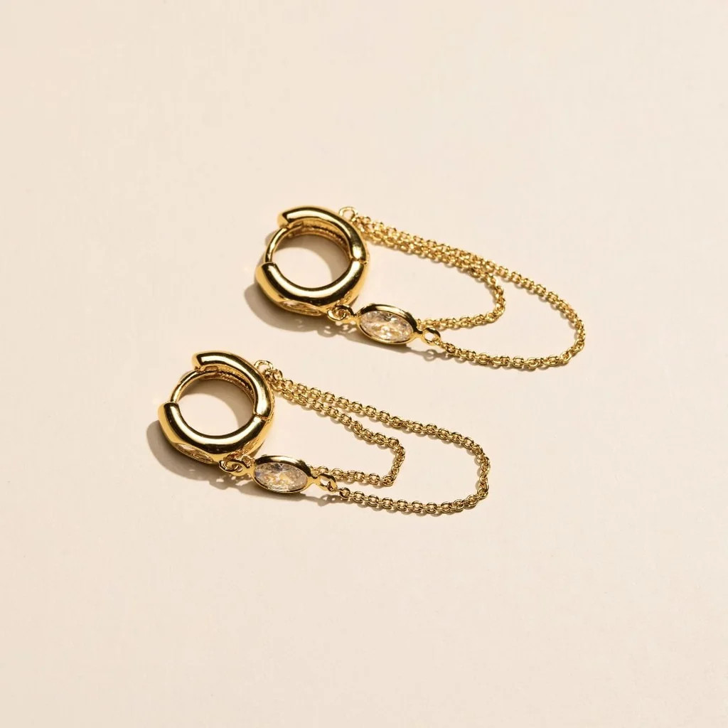 Gold CZ Bezel Chain Waterproof Huggie Earrings | Nickel and Suede