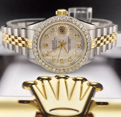 Rolex Ladies Datejust 26mm 18kGold & Steel Watch ICED 1.0ct Diamonds White Dial  | eBay | eBay US