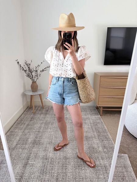 Janessa Leone hat on sale! Amazing quality. 

Trovata top xs
AGOLDE Dee shorts 26. Sizes up 2 sizes. 
Tkees boyfriend sandals 5
Janessa Leone hat small
Gap tote 

Jean shorts, sandals, summer outfit, vacation outfit 


#LTKshoecrush #LTKsalealert #LTKitbag