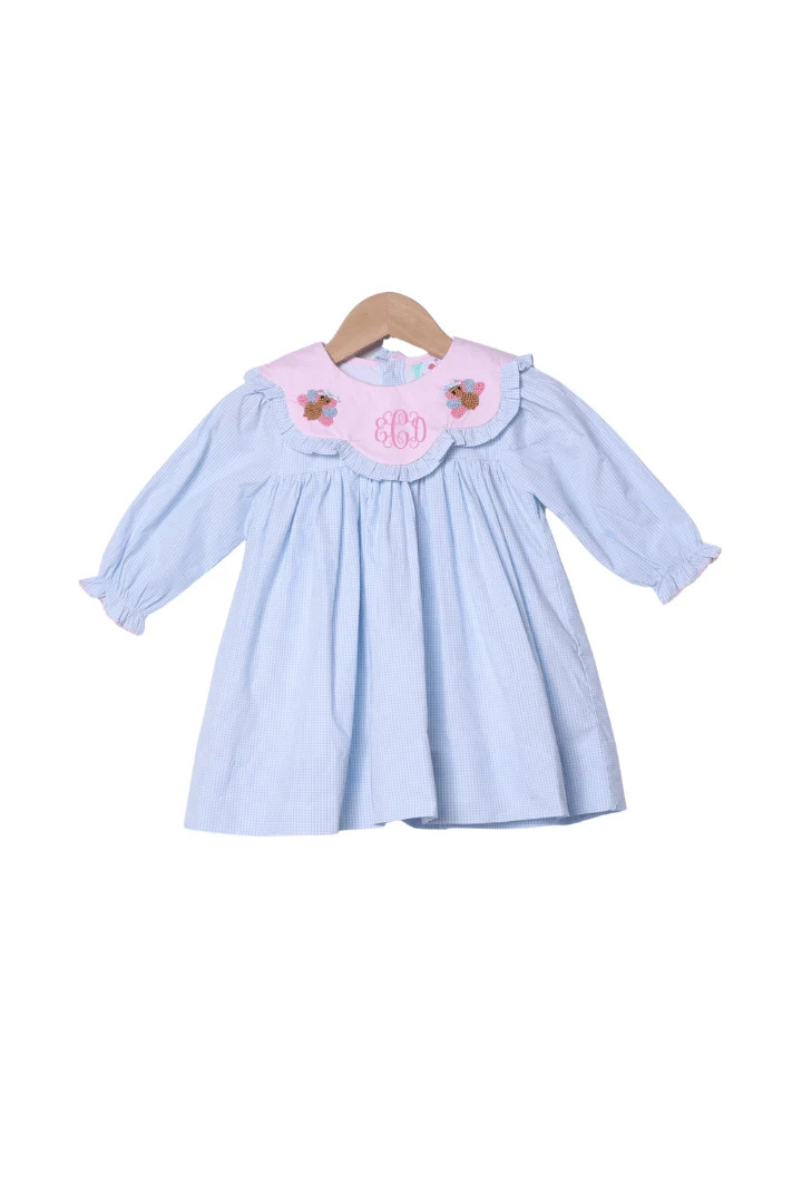 French Knot Turkey Blue Gingham Dress | The Smocked Flamingo