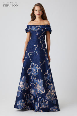 Off The Shoulder Floral Border Gown | TERI JON