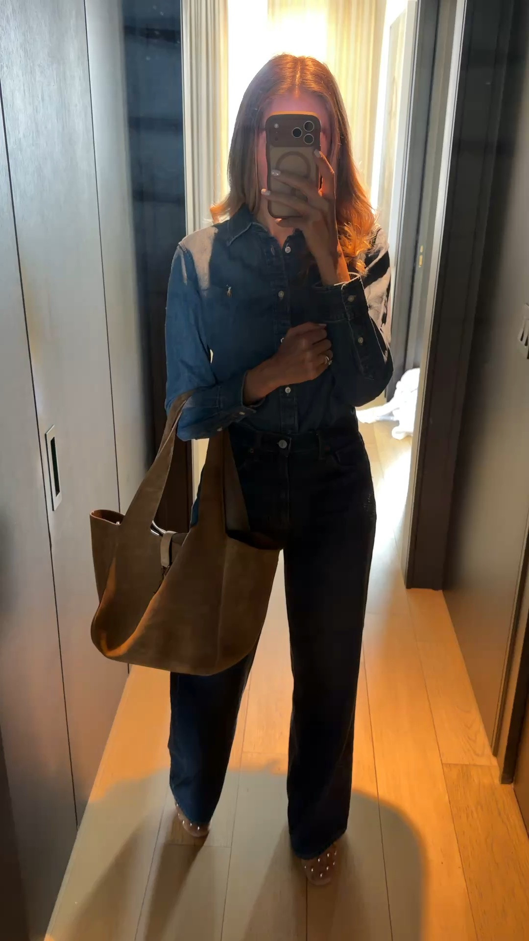 Denim on denim outfit that’s perfect for fall. Suede bag, suede flats, wide leg jeans. Everything runs true to size, I’m wearing size small and 27 on pants

#LTKU #LTKSeasonal #LTKootd