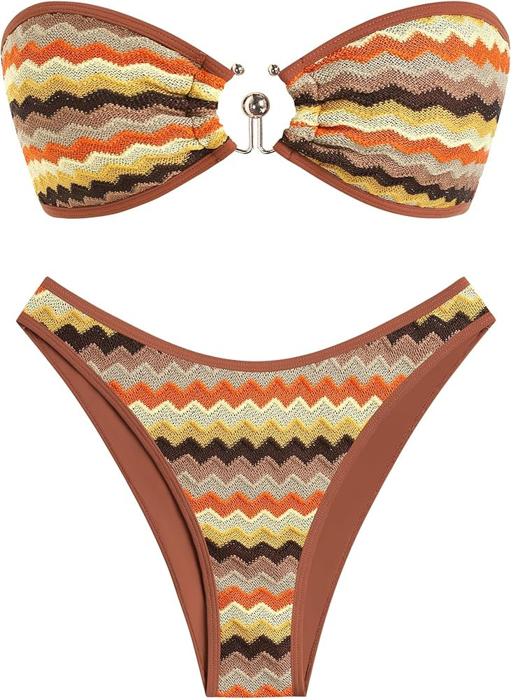 ZAFUL Womens Bandeau Bikini Set Metallic Sparkly O Ring Lace Up Tie Side High Cut Tanga Sexy Bath... | Amazon (US)