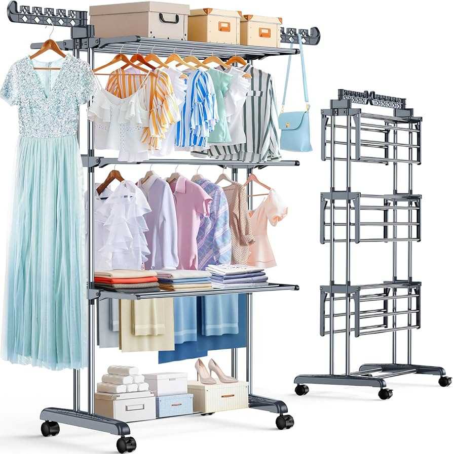 Thicken & Durable Clothes Airer, Extra Large 4-Tier Capacity Foldable Clothes Drying Rack with Wh... | Amazon (UK)