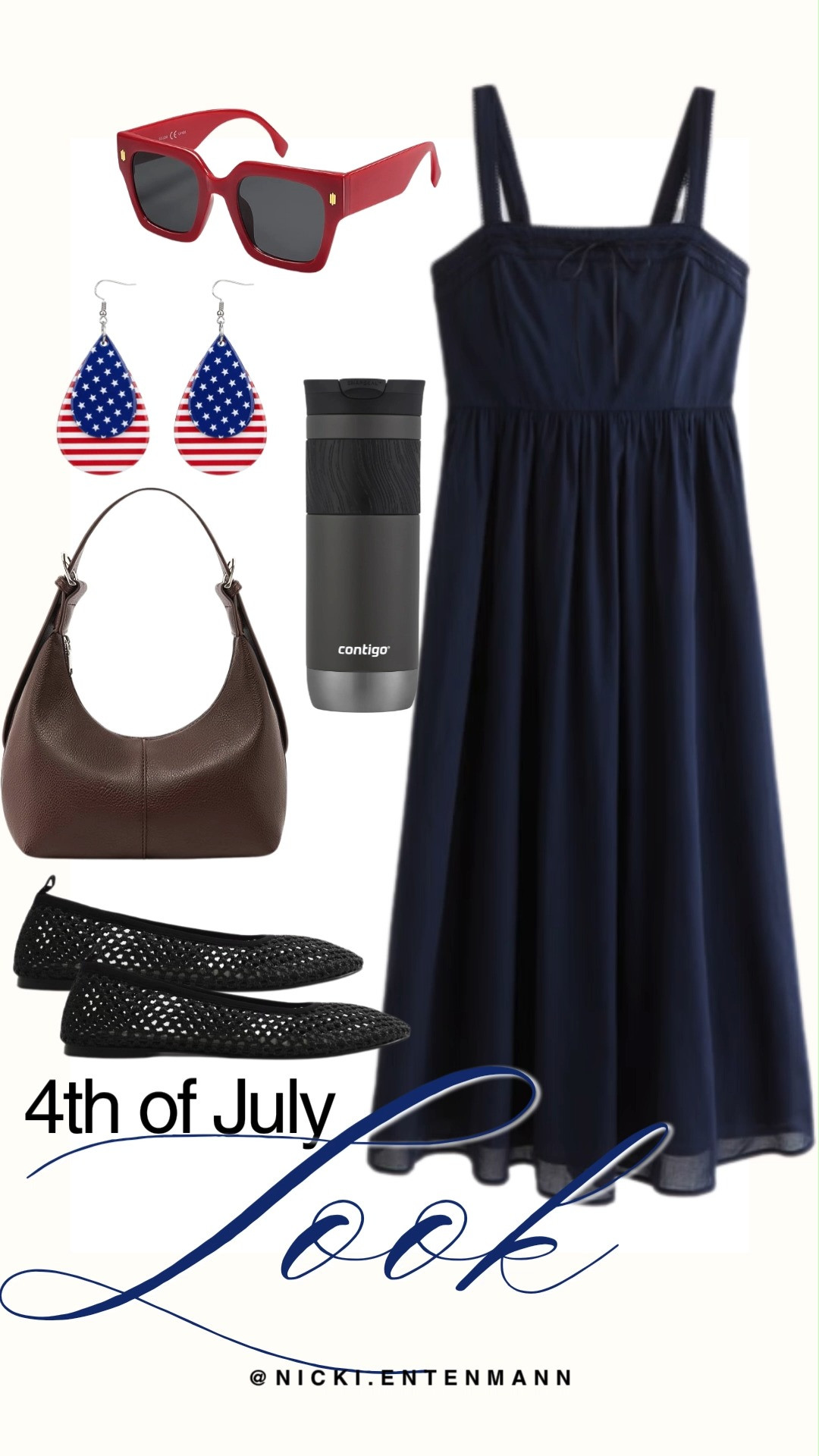 Celebrate Independence Day in style with this festive and chic ensemble. The outfit pairs a beautiful navy blue midi dress with trendy black mesh ballet flats for a comfortable, breathable footwear option. Complete your holiday look with bold red sunglasses, American flag earrings, a brown leather shoulder bag, and a sleek Contigo travel mug.

#4thofjuly #4thofjulyoutfit #independenceday #summerfashion #patrioticstyle #mididress #meshflats #holidayootd #festivestyle 

 #LTKootd #LTKmomlife #LTKTravel