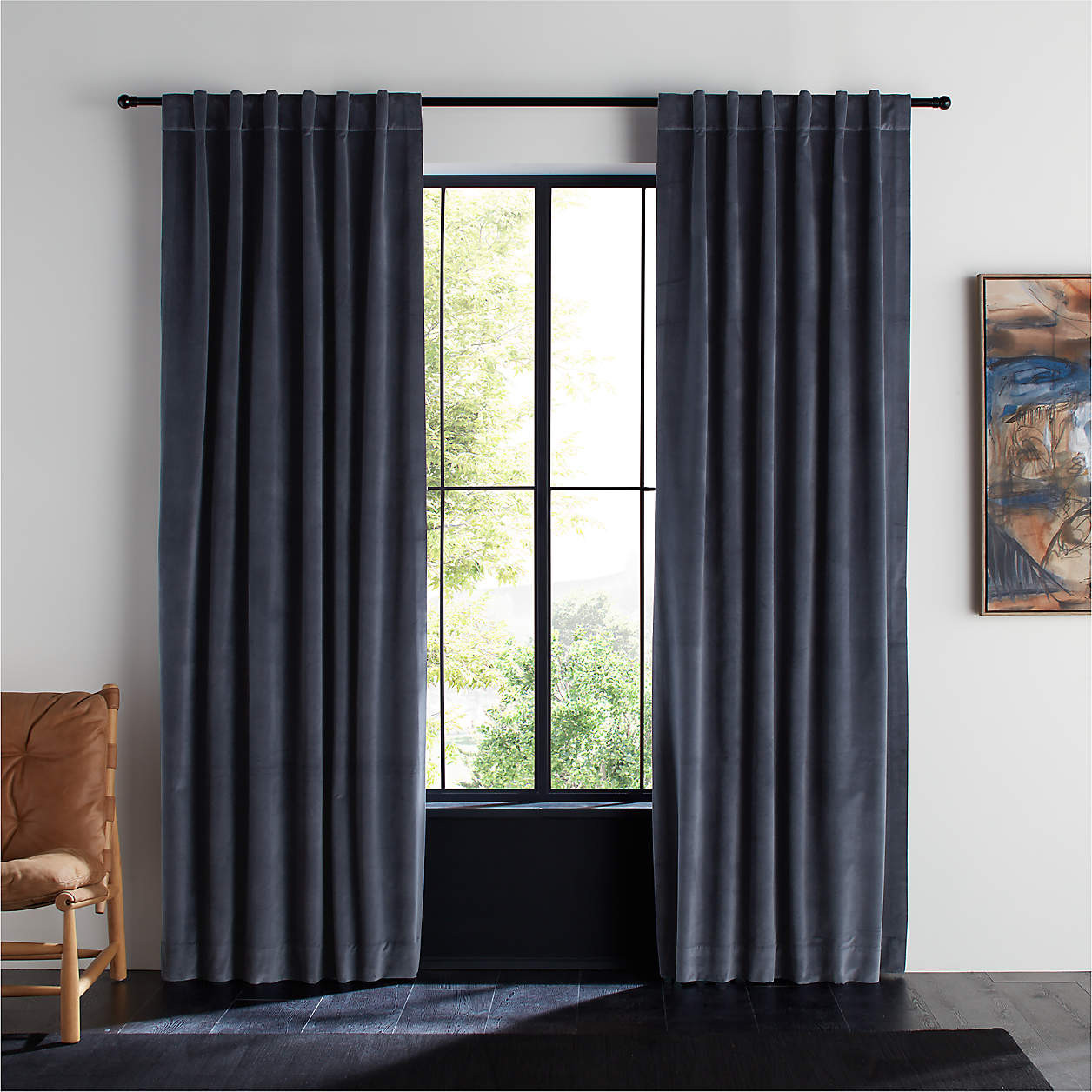 Indigo Blue Cotton Velvet Window Curtain Panel 48"x96" + Reviews | Crate & Barrel | Crate & Barrel