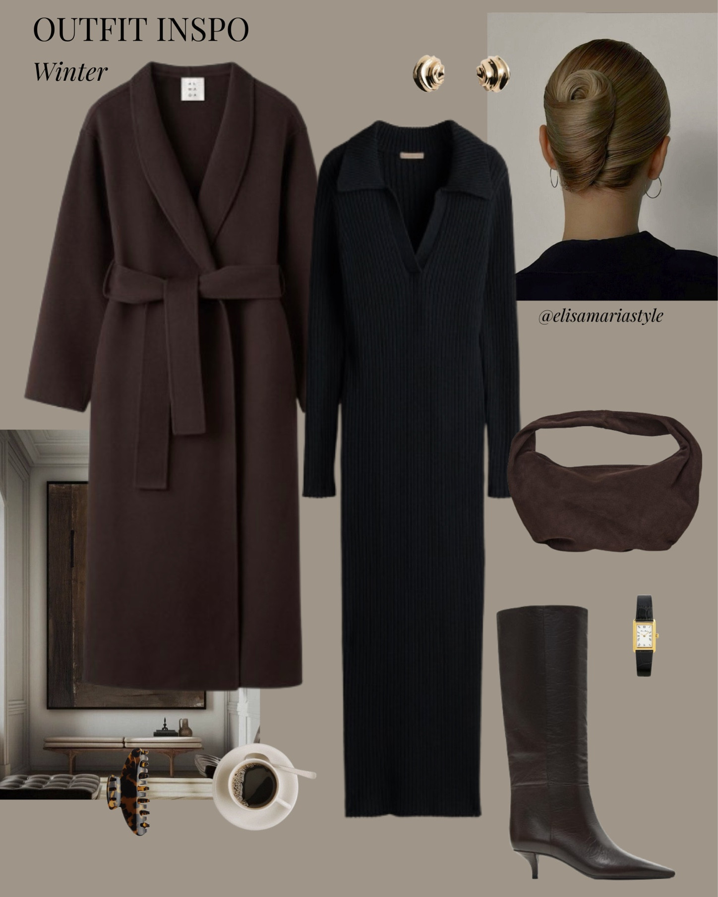 Chocolate brown coat, knitted dress, suede bag and knee high boots outfit for winter 🤎

#LTKmodest #LTKbag #LTKworkwear