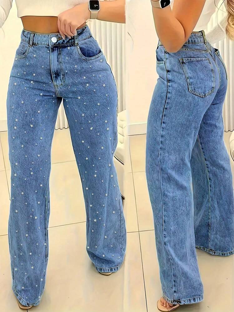 Women's Pearl Jeans, Distressed Denim Pants, High Waisted Straight Leg Pants | SHEIN