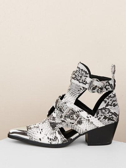 Snakeskin Cut Out Stacked Heel Ankle Western Booties | SHEIN