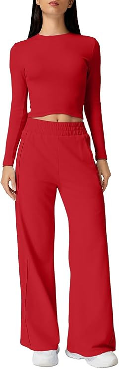 QINSEN Womens 2 Piece Sets Long Sleeve Slim Fit Crop Tops Wide Leg Pants Matching Lounge Set | Amazon (US)
