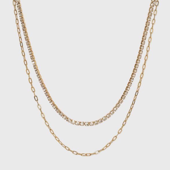 Two Row Rhinestone Chain Necklace - A New Day&#8482; Gold | Target