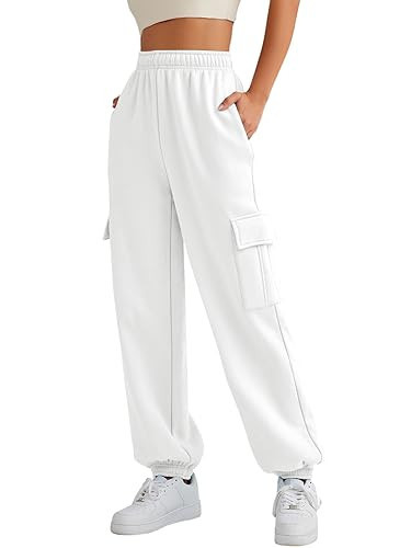 AUTOMET Womens Cargo Sweatpants Cinch Bottom Lounge Baggy Cotton Pants Joggers High Waist Fall Athletic Pant with Pockets White | Amazon (US)