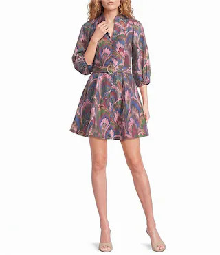 Linen Organza Multi Colored Paisley Mandarin Collar 3/4 Sleeve Belted Mini Dress | Dillard's