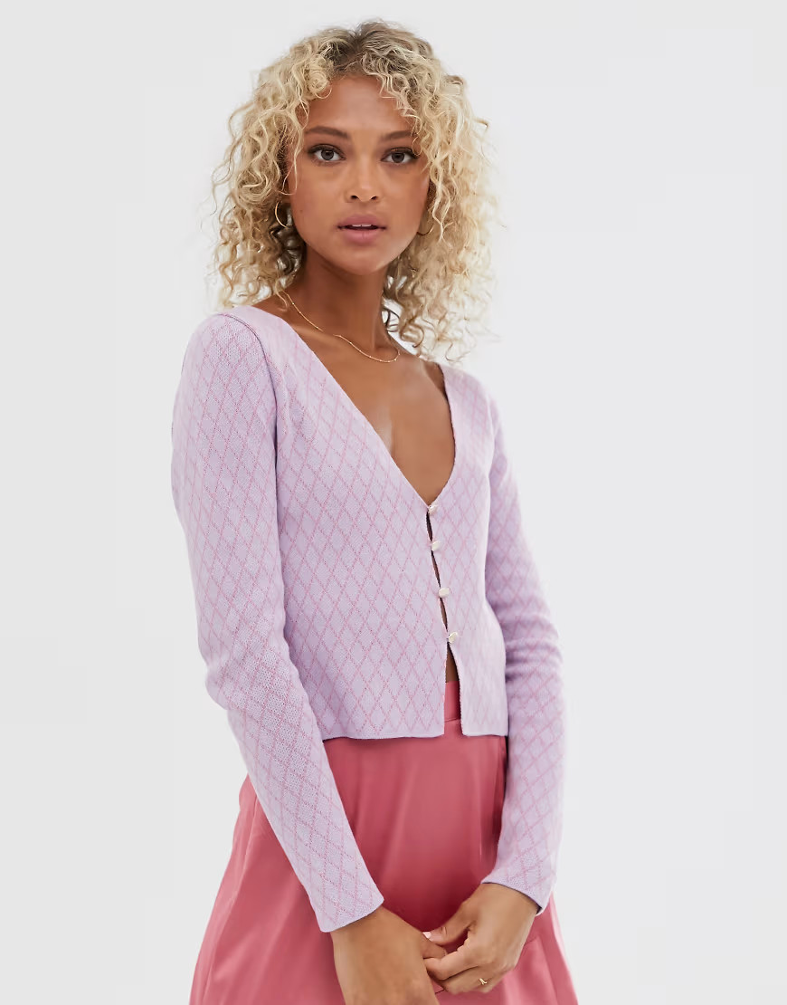 ASOS DESIGN cardigan top in check stitch-Purple | ASOS (Global)