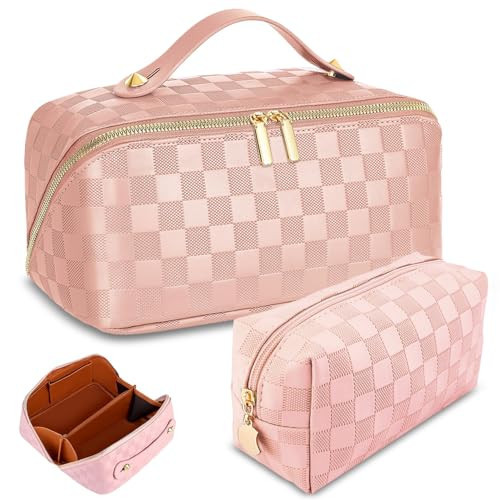 Checkered Travel Makeup Bags Cosmetic Organizer Bag: 2-Set Large Capacity Waterproof Makeup Bag - PU Leather Toiletry Bag for Women - Wide Open Portable Pouch with Handle and Divider (PINK) | Amazon (US)