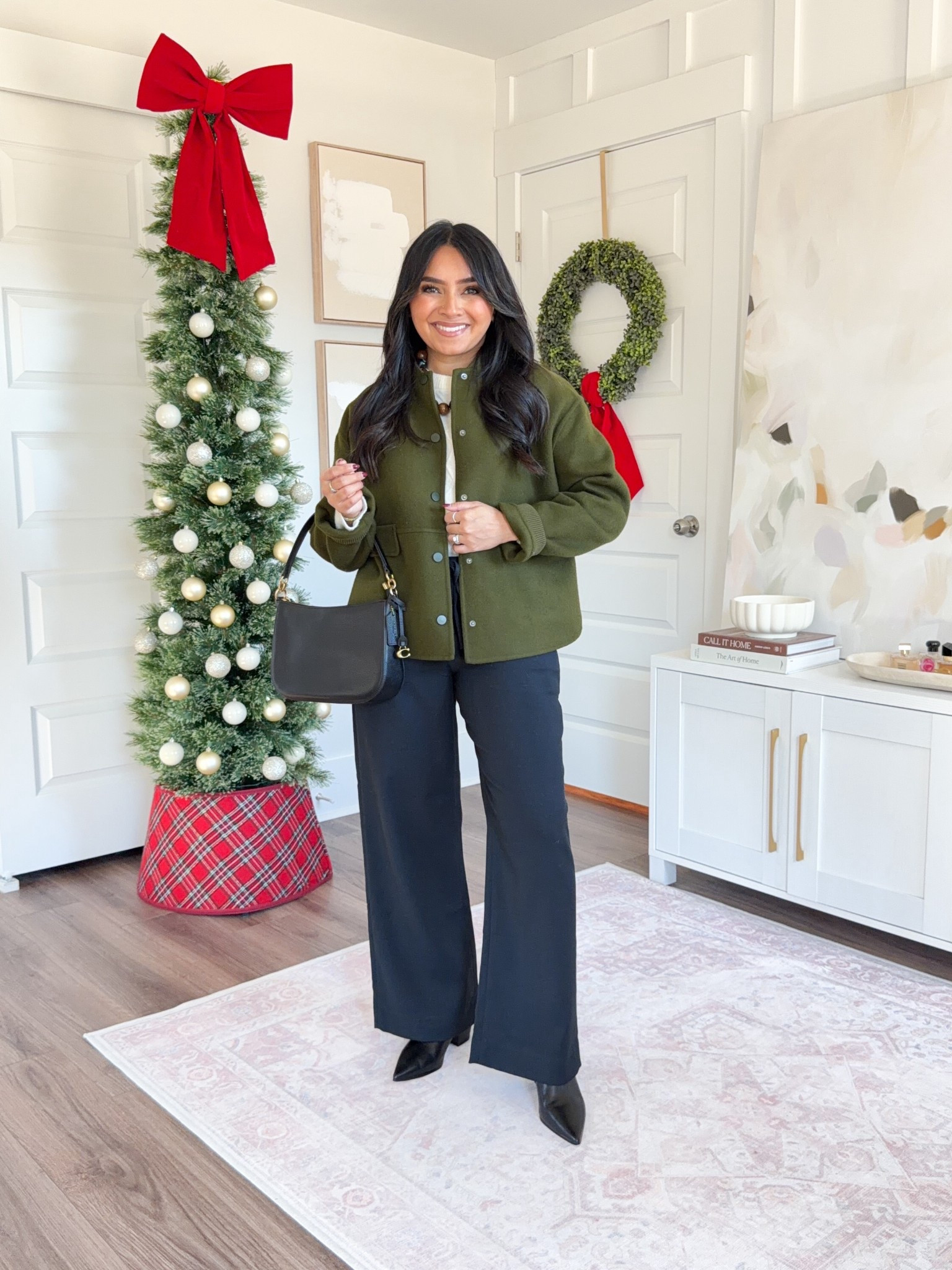 Garden green jacket size 2 - sized up a size for a roomy fit
Cream sweater size xs TTS
Black pull on pants size xs short TTS
Black boot size 5.5 TTS

#LTKFindsUnder100 #LTKPetite #LTKSaleAlert