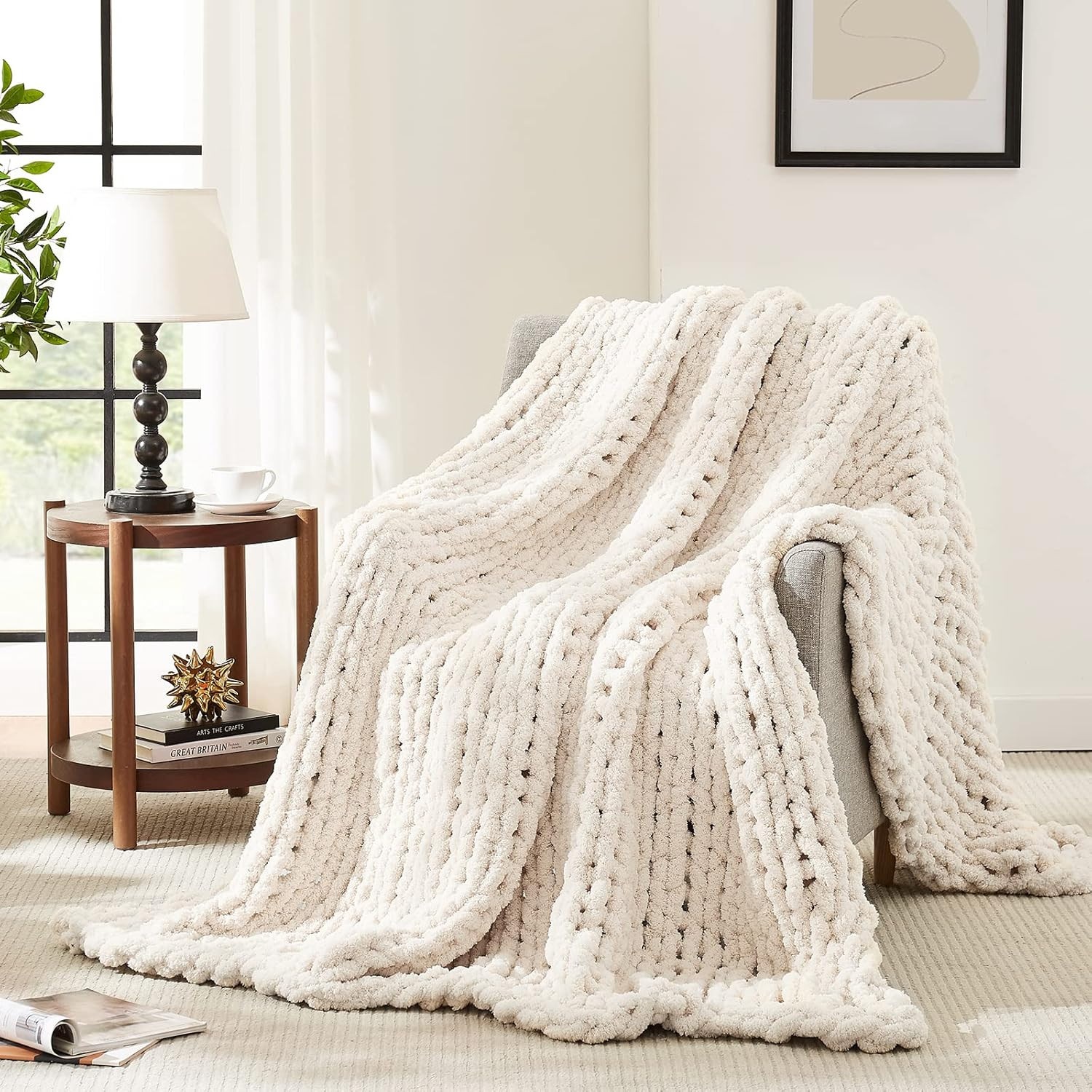 L'AGRATY Chunky Knit Throw Blanket for Couch, 50'' x 60'' Knit Throw, Ivory | Amazon (US)
