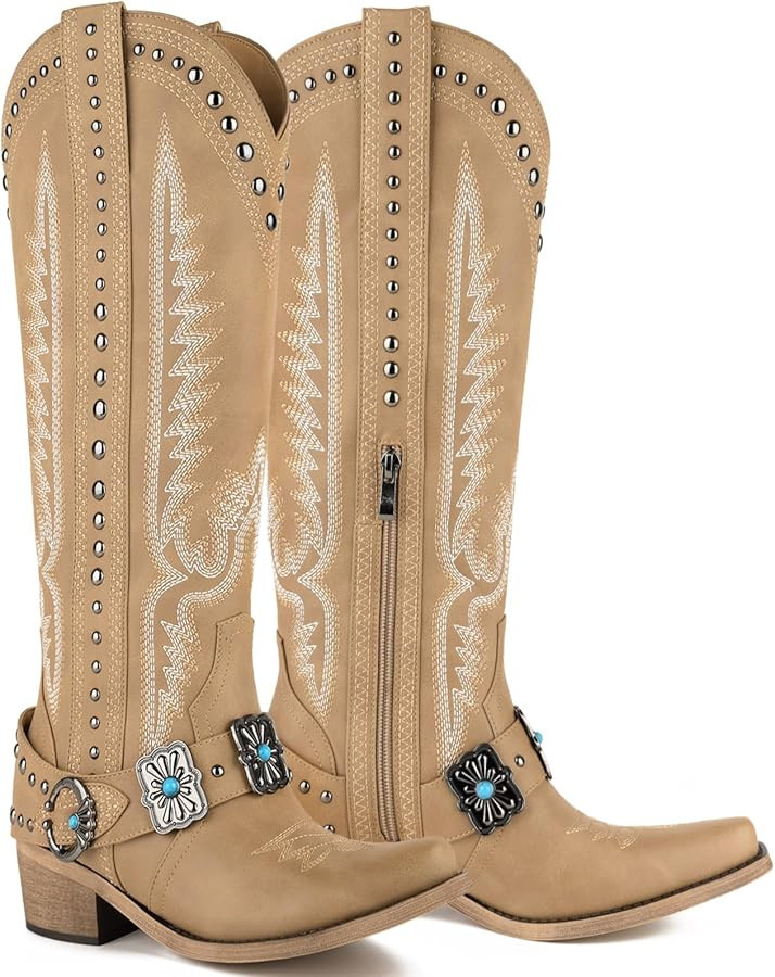 Yolkomo Cowboy Boots for Women Knee High Western Cowgirl Boots with Embroidery Belt Buckle Chains | Amazon (US)