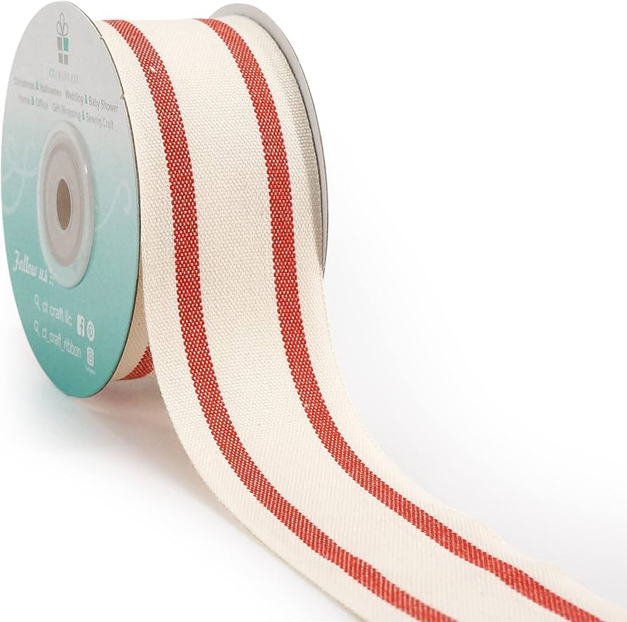 CT CRAFT LLC Ivory Cotton Red Stripes Ribbon 1.5" x 10 Yards for Home Décor Gift Present Wrappin... | Amazon (US)